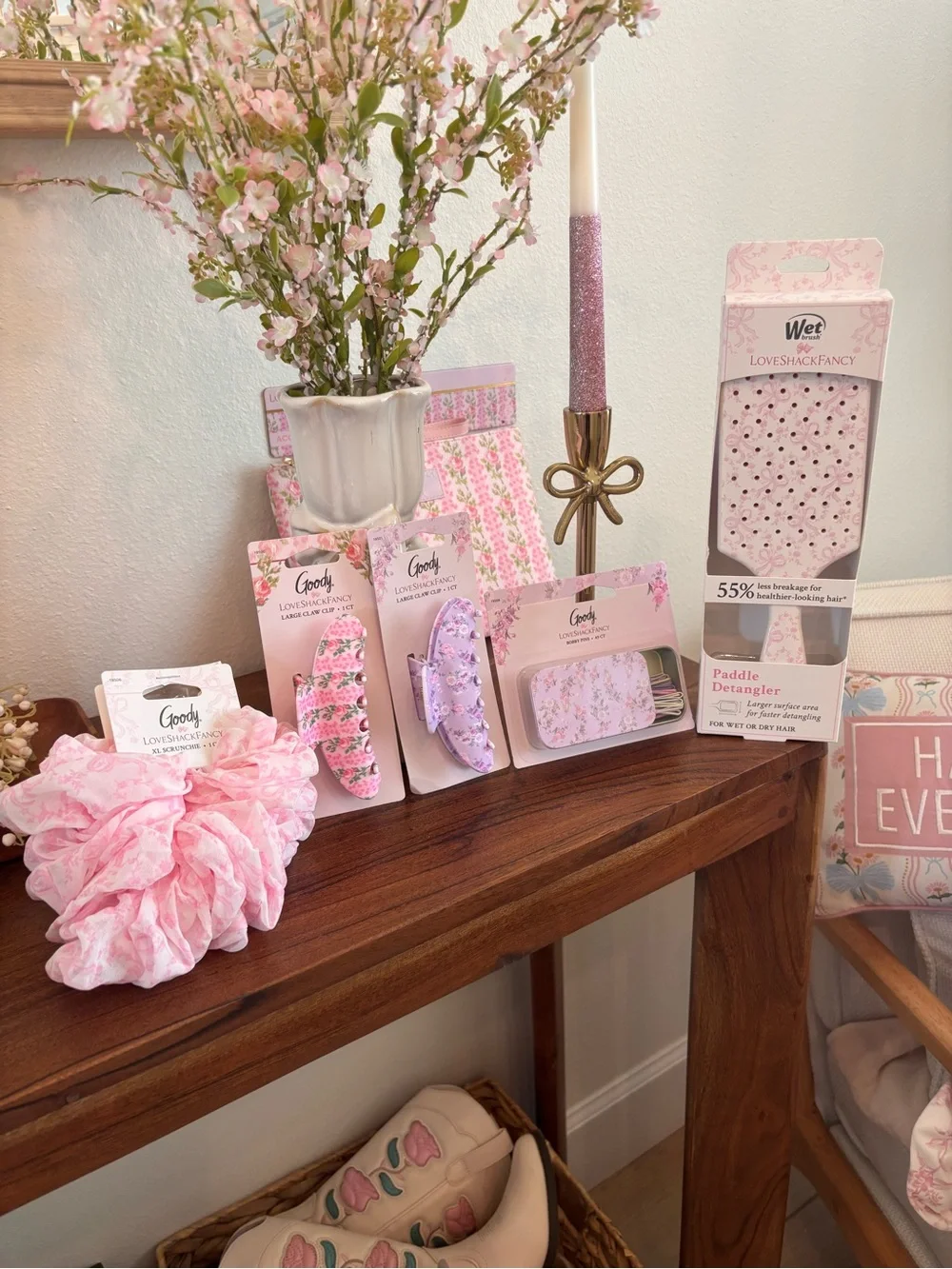 LoveShackFancy Pink Floral Hair Accessory clips brush bag ect
